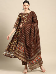 Women Brown Floral Printed Anarkali Kurta With Trouser And Dupatta