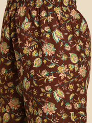 Women Brown Floral Printed Anarkali Kurta With Trouser And Dupatta