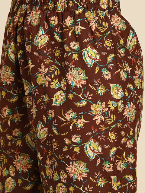 Women Brown Floral Printed Anarkali Kurta With Trouser And Dupatta