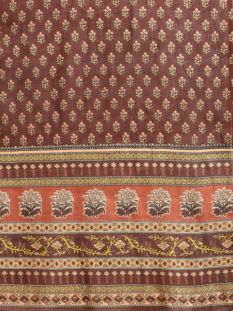 Women Brown Floral Printed Anarkali Kurta With Trouser And Dupatta