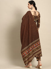 Women Brown Floral Printed Anarkali Kurta With Trouser And Dupatta