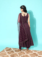 Women Burgundy Ethnic Printed Sleeveless Kurta With Trouser And Dupatta