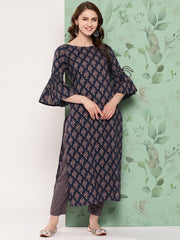Women Navy Blue Ethnic Printed Straight Kurta With Trouser