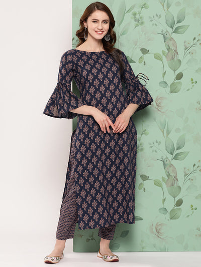 Women Navy Blue Ethnic Printed Straight Kurta With Trouser