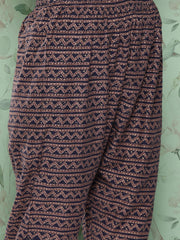 Women Navy Blue Ethnic Printed Straight Kurta With Trouser