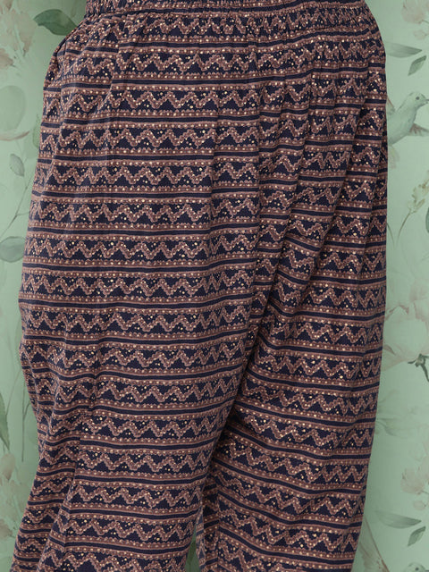 Women Navy Blue Ethnic Printed Straight Kurta With Trouser