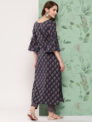 Women Navy Blue Ethnic Printed Straight Kurta With Trouser