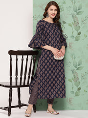 Women Navy Blue Ethnic Printed Straight Kurta With Trouser