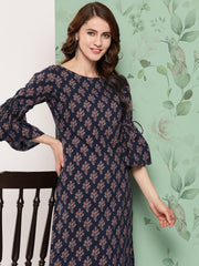 Women Navy Blue Ethnic Printed Straight Kurta With Trouser