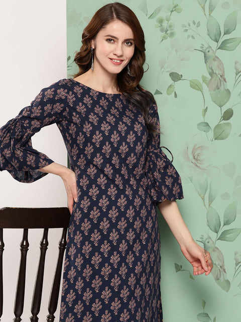 Women Navy Blue Ethnic Printed Straight Kurta With Trouser