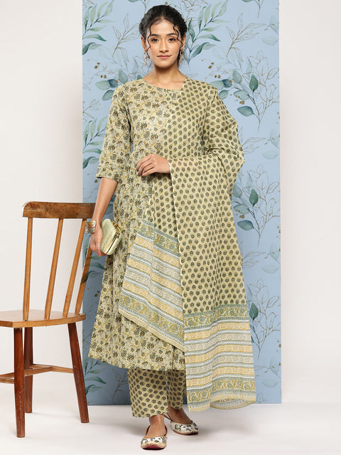 Women Green Printed Gathered Kurta And Trouser With Dupatta