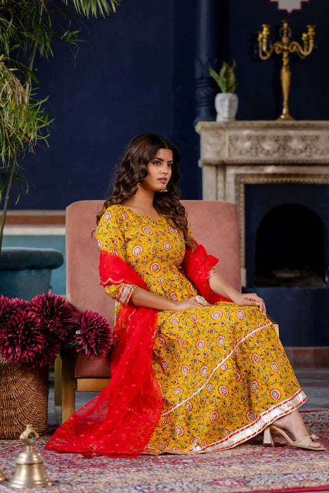 Women Yellow Floral Printed Flared Dress With Scalloped Dupatta