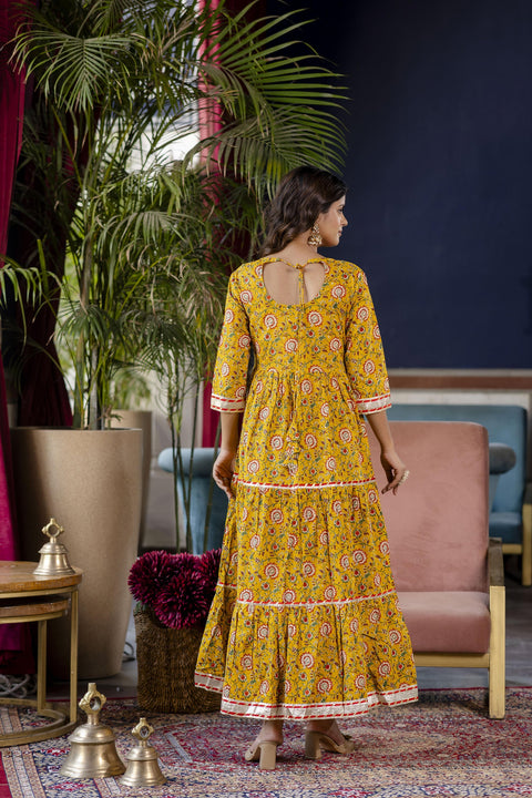 Women Yellow Floral Printed Flared Dress With Scalloped Dupatta
