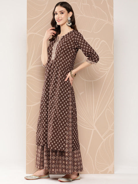 Women Brown Ethnic Printed Straight Kurta With Skirt And Dupatta