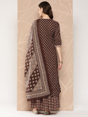 Women Brown Ethnic Printed Straight Kurta With Skirt And Dupatta