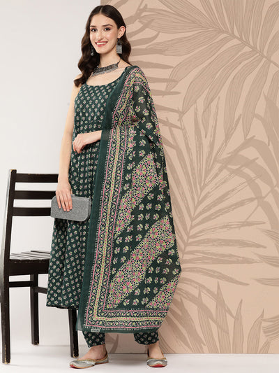 Women Green Ethnic Printed Anarkali Kurta With Trouser And Dupatta
