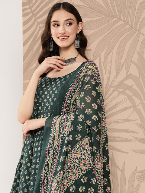 Women Green Ethnic Printed Anarkali Kurta With Trouser And Dupatta