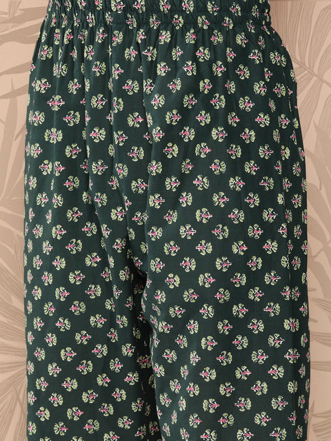 Women Green Ethnic Printed Anarkali Kurta With Trouser And Dupatta