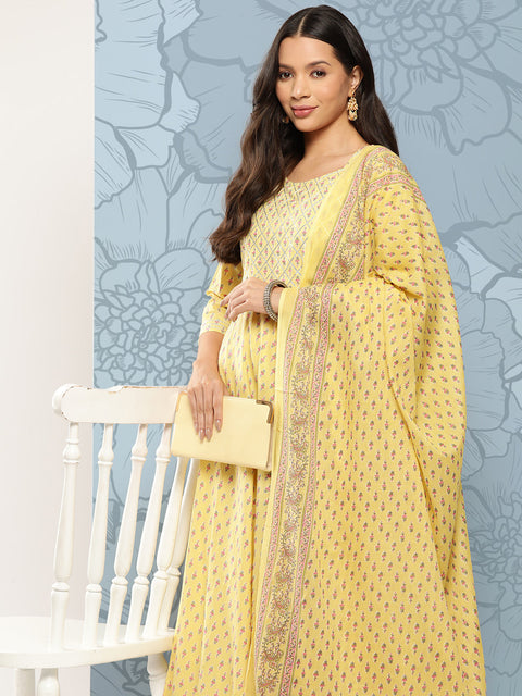 Women Yellow Printed Anarkali Kurta With Trouser And Dupatta
