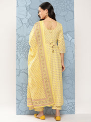 Women Yellow Printed Anarkali Kurta With Trouser And Dupatta