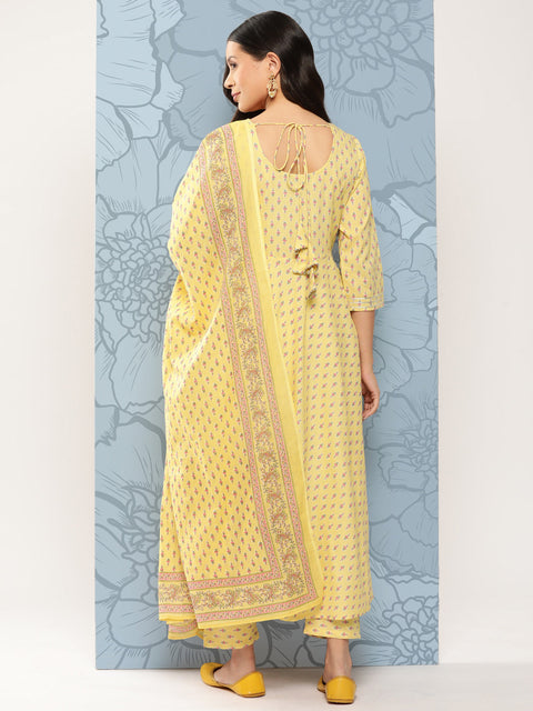 Women Yellow Printed Anarkali Kurta With Trouser And Dupatta