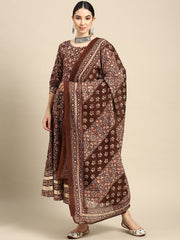 Women Brown Floral Printed Anarkali Kurta With Trouser And Dupatta