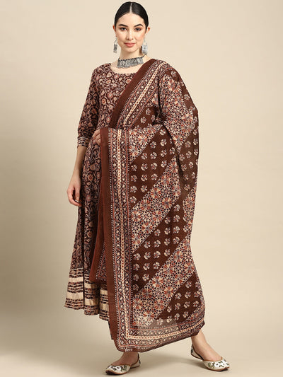 Women Brown Floral Printed Anarkali Kurta With Trouser And Dupatta