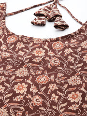 Women Brown Floral Printed Anarkali Kurta With Trouser And Dupatta