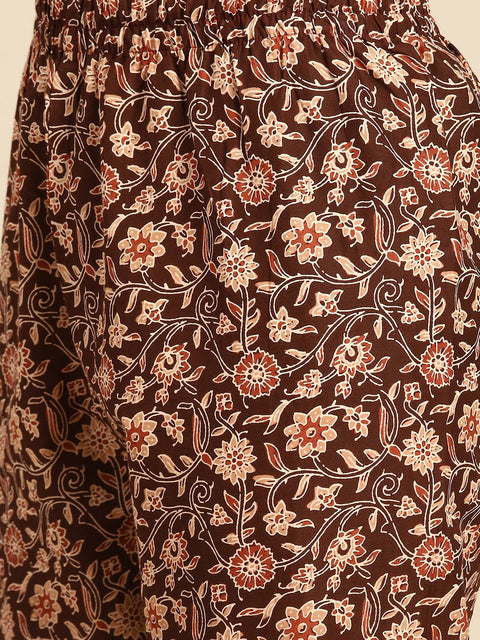 Women Brown Floral Printed Anarkali Kurta With Trouser And Dupatta