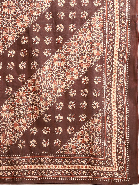 Women Brown Floral Printed Anarkali Kurta With Trouser And Dupatta