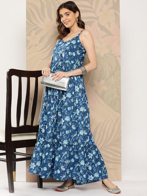 Women Blue Abstract Printed Shoulder Strap Dress