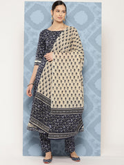 Women Blue Floral Printed Anarkali Kurta With Trouser And Dupatta