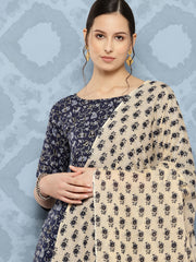 Women Blue Floral Printed Anarkali Kurta With Trouser And Dupatta