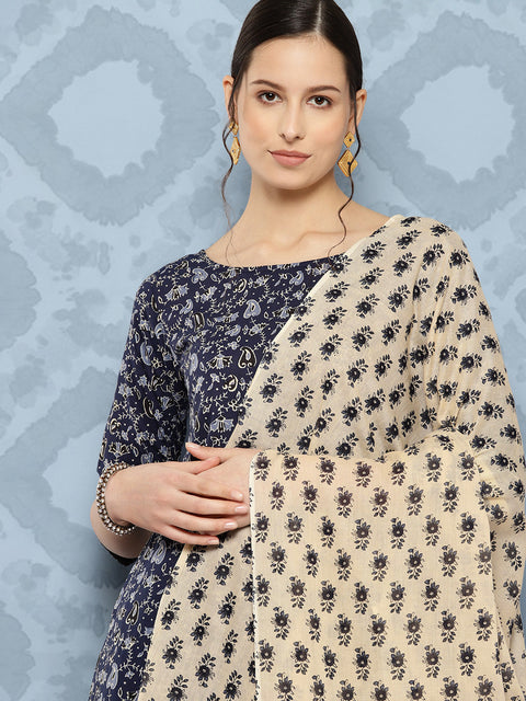 Women Blue Floral Printed Anarkali Kurta With Trouser And Dupatta