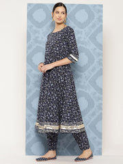 Women Blue Floral Printed Anarkali Kurta With Trouser And Dupatta