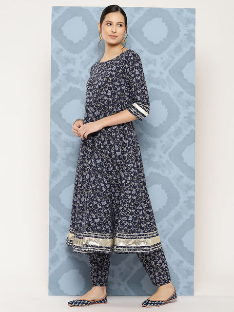 Women Blue Floral Printed Anarkali Kurta With Trouser And Dupatta