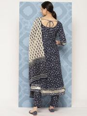 Women Blue Floral Printed Anarkali Kurta With Trouser And Dupatta