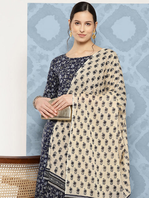 Women Blue Floral Printed Anarkali Kurta With Trouser And Dupatta