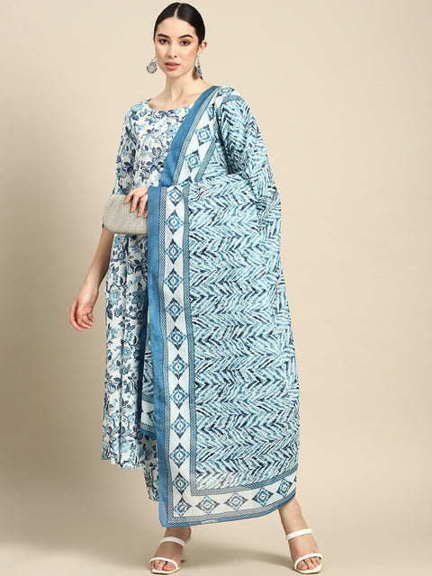 Women Blue Floral Printed Anarkali Kurta With Trouser And Dupatta