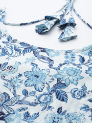 Women Blue Floral Printed Anarkali Kurta With Trouser And Dupatta