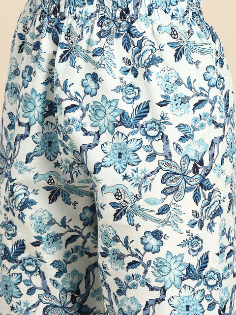 Women Blue Floral Printed Anarkali Kurta With Trouser And Dupatta