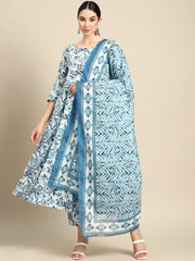 Women Blue Floral Printed Anarkali Kurta With Trouser And Dupatta
