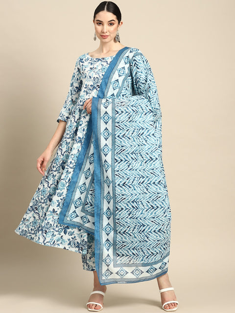 Women Blue Floral Printed Anarkali Kurta With Trouser And Dupatta
