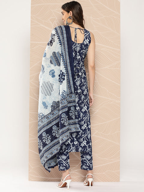 Women Blue Paisely Printed Straight Kurta With Trouser And Dupatta