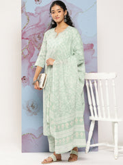 Women Green Ethnic Embroidered Kurta With Palazzo And Dupatta