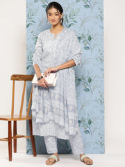 Women Grey Ethnic Embroidered Kurta With Palazzo And Dupatta