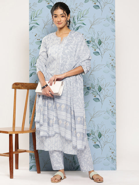 Women Grey Ethnic Embroidered Kurta With Palazzo And Dupatta