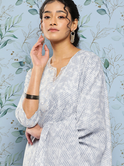 Women Grey Ethnic Embroidered Kurta With Palazzo And Dupatta