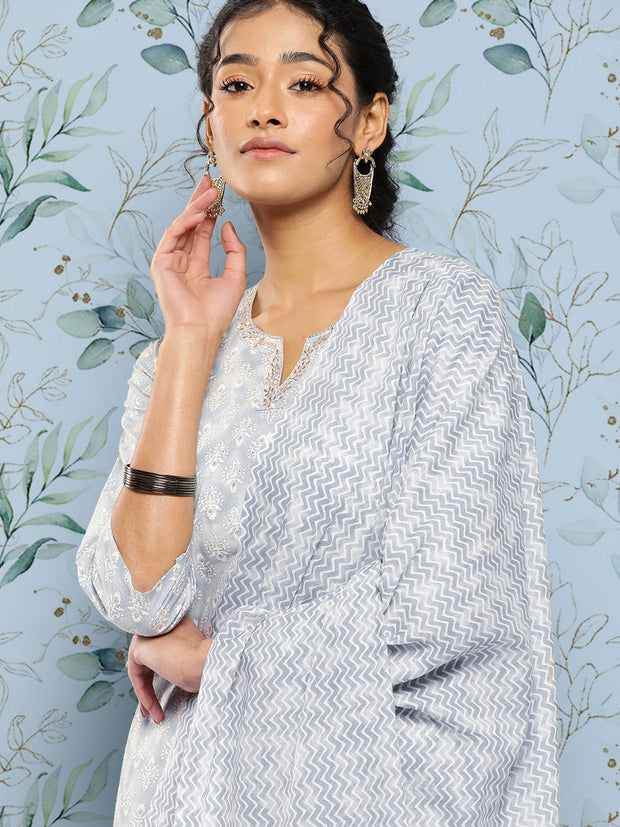 Women Grey Ethnic Embroidered Kurta With Palazzo And Dupatta