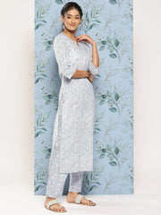 Women Grey Ethnic Embroidered Kurta With Palazzo And Dupatta